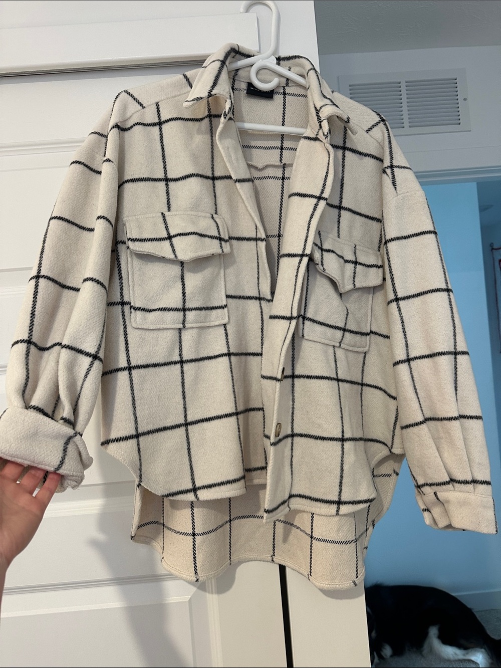 Oversized Windowpane Plaid Utility Shacket Jacket - Cream/Black